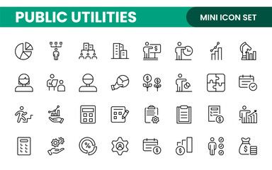  Public utilities linear signed icon collection. Signed thin line icons collection. Set of public utilities simple outline icons.