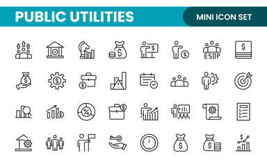  Public utilities linear signed icon collection. Signed thin line icons collection. Set of public utilities simple outline icons.