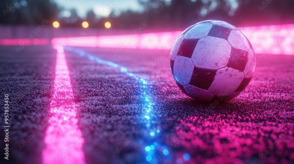 Poster 3d render of a neon football playground and soccer field from a perspective angle. virtual sporting 