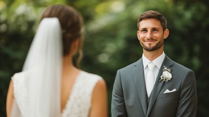 Emotional First Look Moment Captured of Bride and Groom Anticipating Their Upcoming Wedding Ceremony with Deep Depth of Field and Soft Blur Background