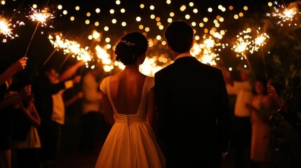 Newlyweds walking through a sparkler send off at their magical outdoor wedding ceremony with a deep depth of field creating a blurred romantic atmosphere