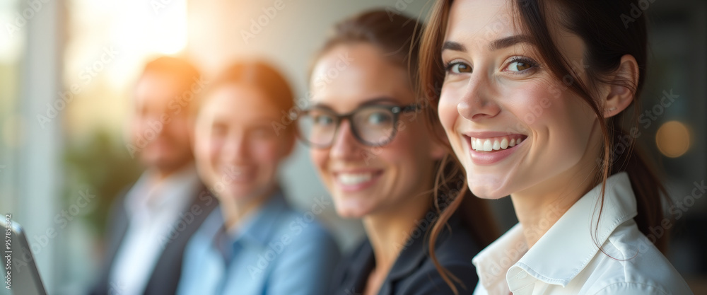 Sticker Portrait of a smiling woman with a group of friends behind her