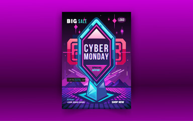 Cyber Monday banner in fashionable neon style, luminous signboard, nightly advertising of sales rebates of cyber Monday offer