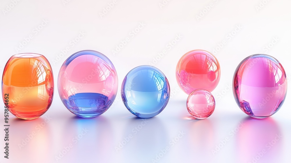 Poster 3d render set of rounded stickers with colorful glass geometric shapes and modern minimal icons for 