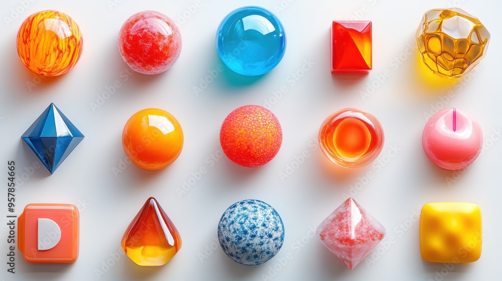 Poster 3d render set of rounded stickers with colorful glass geometric shapes and modern minimal icons for 