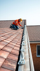 Construction worker installing gutter guard on roof