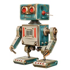 a toy robot, futuristic design, digital illustration, metallic colors, isolated on white background