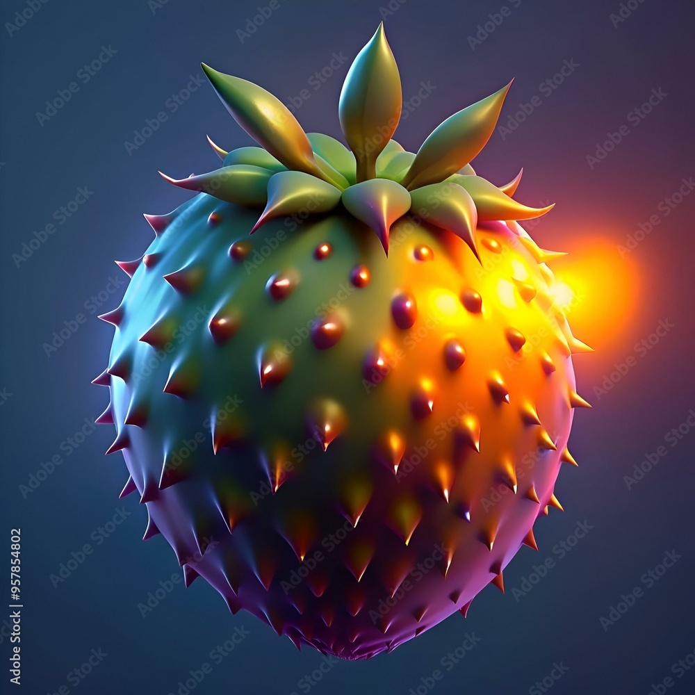 Fototapete a vibrant 3d illustration of a spiky. abstract fruit with a colorful gradient and a glowing effect. 