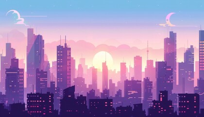 Fototapeta premium Futuristic metropolis. Futuristic dreamscape. Tech city of the future. Neon nightscape of a vibrant city. Cartoon 2d illustration background.