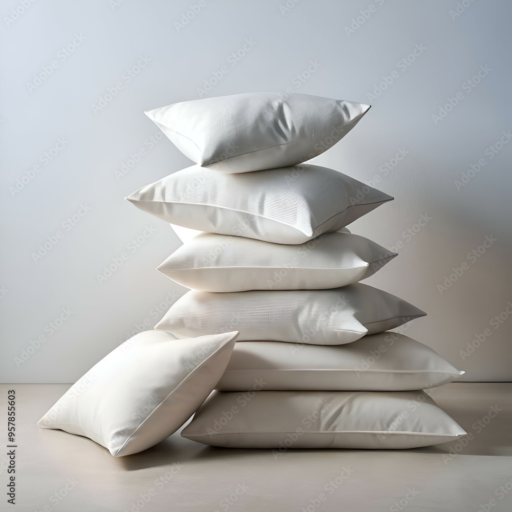Poster a stack of six pristine white pillows arranged in a pyramid shape against a minimalist backdrop.