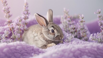 Fototapeta premium A young cuddly bunny resting on a delicate purple backdrop