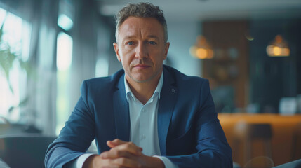 Professional man in suit sitting confidently at desk, ready to engage.