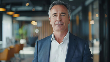 Fototapeta premium Professional man in suit standing confidently in modern office environment, conveying leadership and authority.