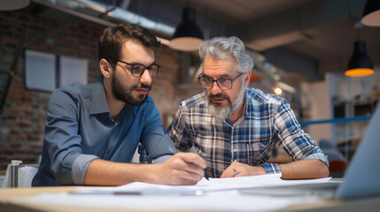 Collaborative engineers discussing project in modern workspace. Their focused expressions reflect productive mentoring session.