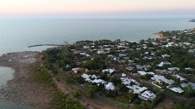 Aerial view of Nightcliff foreshore at sunset, capturing scenic coastal landscapes and ocean views
