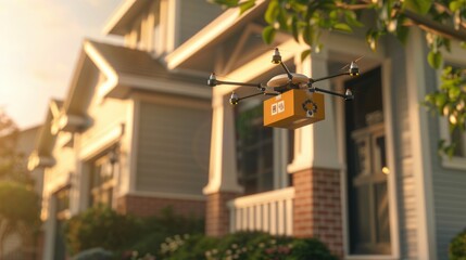 Future of Delivery. Drone delivery to a suburban home showcasing the future of automated delivery...