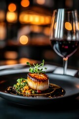 Elegant plate of seared scallops garnished with herbs, accompanied by a glass of red wine, set against a warm, inviting backdrop.