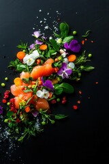 Vibrant salad with fresh herbs, vegetables, and edible flowers arranged artfully on a dark surface, perfect for culinary designs.