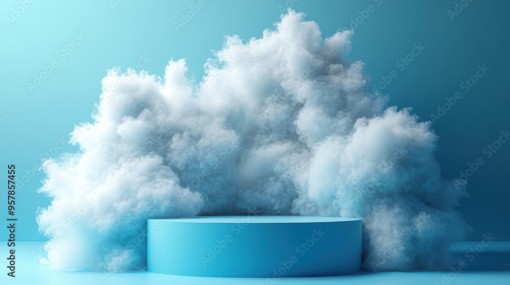 Poster 3d render of a white fluffy cloud above a rounded podium in a minimal room with isolated interior ob