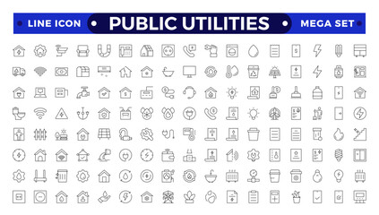 Public utilities, service. Set of Outline icons in linear style. Electricity, water supply, gas supply, drainage, garbage removal, major repairs, cold, hot water. Outline conceptual pictogram.