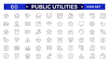 Public utilities, service. Set of Outline icons in linear style. Electricity, water supply, gas supply, drainage, garbage removal, major repairs, cold, hot water. Outline conceptual pictogram.