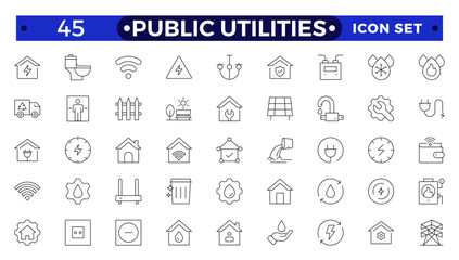 Public utilities, service. Set of Outline icons in linear style. Electricity, water supply, gas supply, drainage, garbage removal, major repairs, cold, hot water. Outline conceptual pictogram.