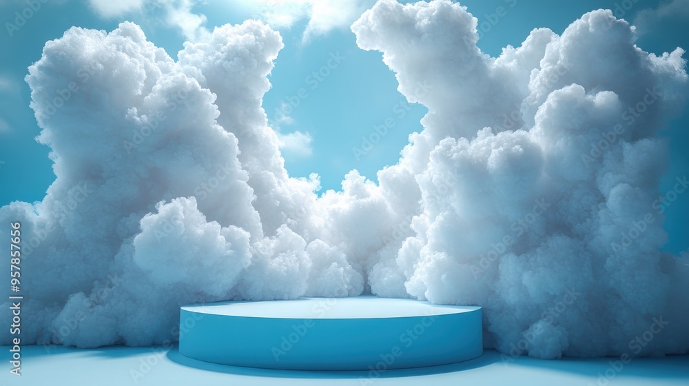Poster 3d render of a white fluffy cloud above a rounded podium in a minimal room with isolated interior ob