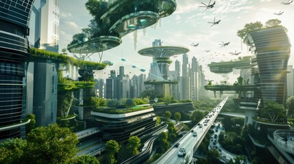 Obraz premium Eco-Tech Utopia. Futuristic cityscape blending nature and technology concept