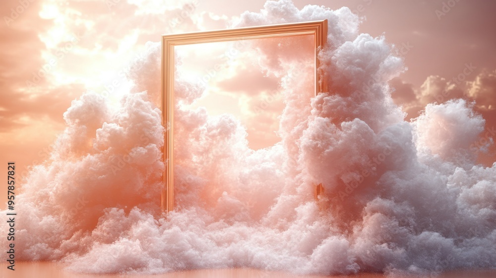 Poster 3d render of a white fluffy cloud flying through a golden frame isolated on a beige background in a 