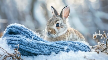 Obraz premium Adorable bunny wool blankets the snowy background with the rabbit