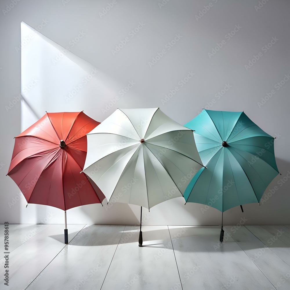 Poster three colorful umbrellas arranged in a row. with a red. a white and a blue umbrella. creating a vibr
