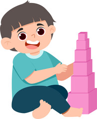 Kid Playing Pink Tower Montessory