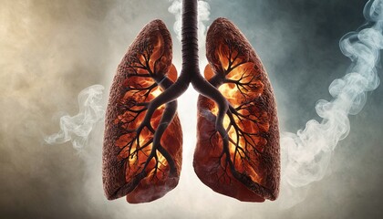 Image of damaged lungs surrounded by cigarette smoke 101