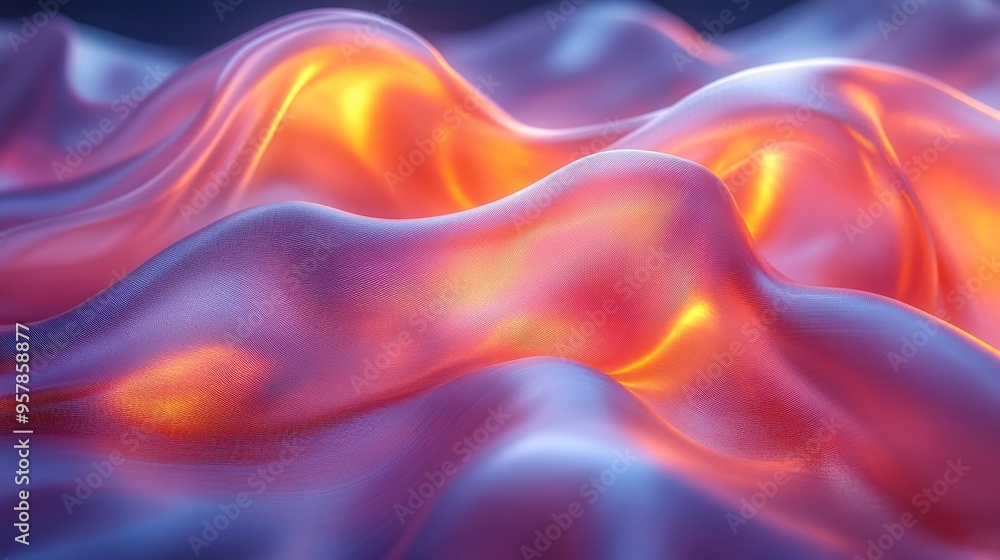 Poster 3d rendering of an abstract minimalist background with a holographic folded ribbon and colorful foil