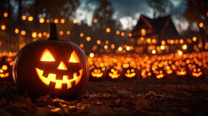 Obraz premium Enchanting Halloween Village Square with Glowing Jack-o'-Lanterns and Copy Space, Selective Focus, Ultra HD