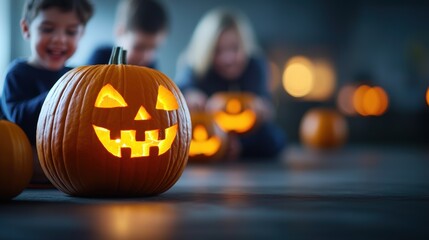 Family Fun Carving Pumpkins Together with Glowing Jackolanterns in Ultra HD - Copy Space for Text