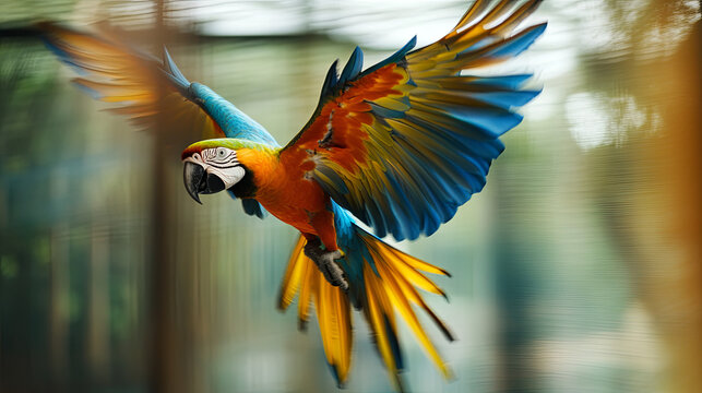A pair of colorful macaws in mid-flight inside a large aviary, their feathers vividly contrasting against the blurred background.