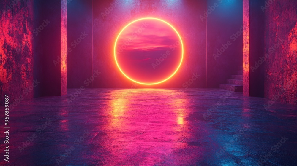 Poster 3d rendering of a minimalist colorful neon background with glowing rounded geometric shapes in the d