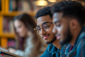 Obraz premium Group of multiracial students studying together in a library
