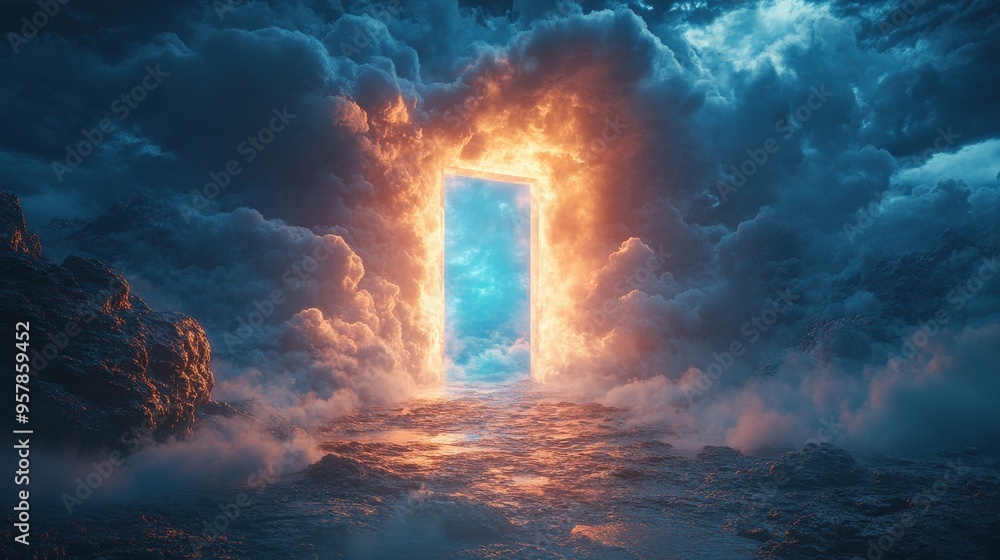 Poster 3d rendering of a modern abstract background with bright light rays shining through a blue door in t