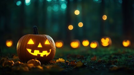 Enchanted Halloween Forest Clearing with Jack-o'-lanterns and Pumpkins | Spooky Autumn Scene for Text Overlay | Selective Focus, Ultra HD