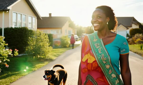 Malawian Woman Walking Her Dog in Colorful Neighborhood