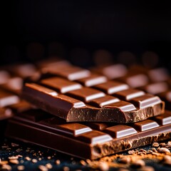Delicious dark chocolate pieces stacked on a dark background, showcasing luxurious texture and rich flavor.