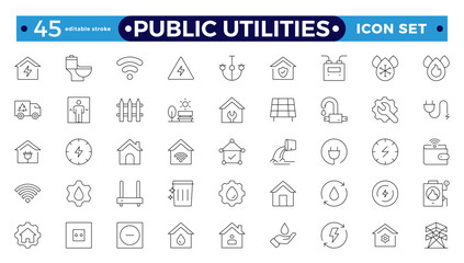 Public utilities, service. Set of Outline icons in linear style. Electricity, water supply, gas supply, drainage, garbage removal, major repairs, cold, hot water. Editable stroke outline icon.