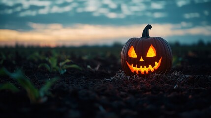 Guardian of the Harvest - Pumpkin-Headed Scarecrow with Glowing Jack-o'-Lantern Face in Field. Copy Space and Selective Focus. Ultra HD Quality.
