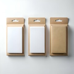 Three blank cardboard boxes with hanging holes. perfect for showcasing your product or design.