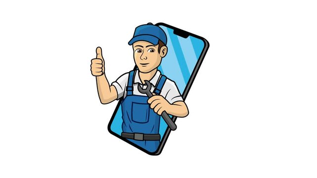 Cell Phone Techician Cartoon Character Animation White Background Video 4K
