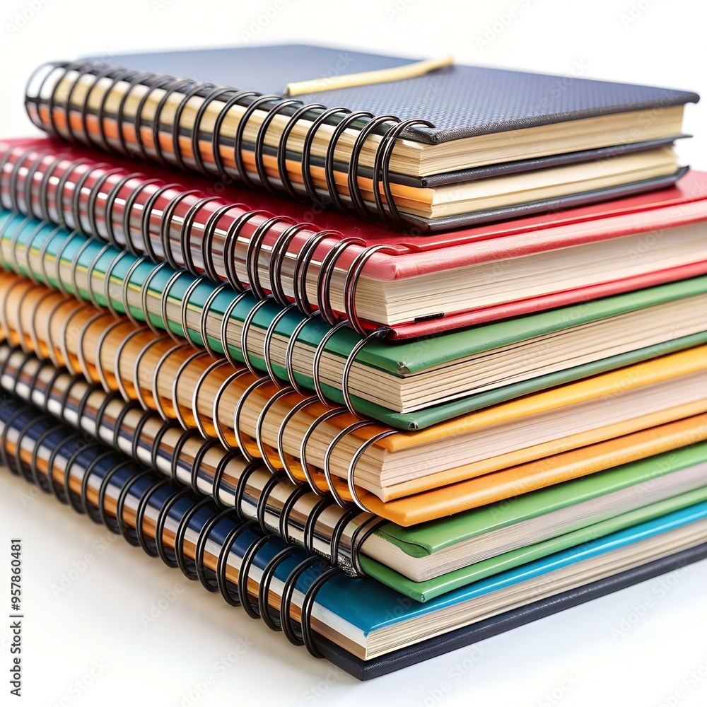 Poster a stack of colorful spiral bound notebooks. showcasing a variety of covers and textures.