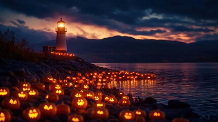 Enchanting Halloween Lighthouse Scene with Glowing Jack-o'-lanterns on Rocky Shoreline - Ultra HD Quality