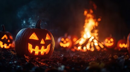 Illuminated Pumpkin Harvest Festival at Bonfire Night with Copy Space, Selective Focus in Ultra HD